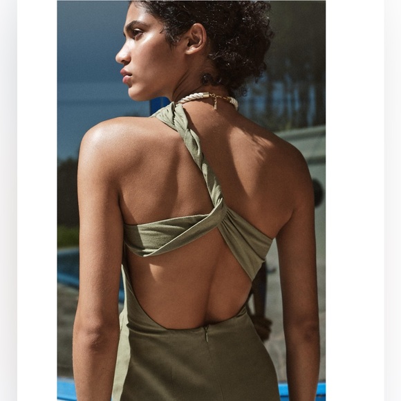 ZARA Assymetric Midi Dress with Linen L/XL Khaki- runs small - Picture 2 of 12